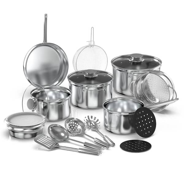 Flynama 18 Piece Stainless Steel Cookware Set in Silver with Cover