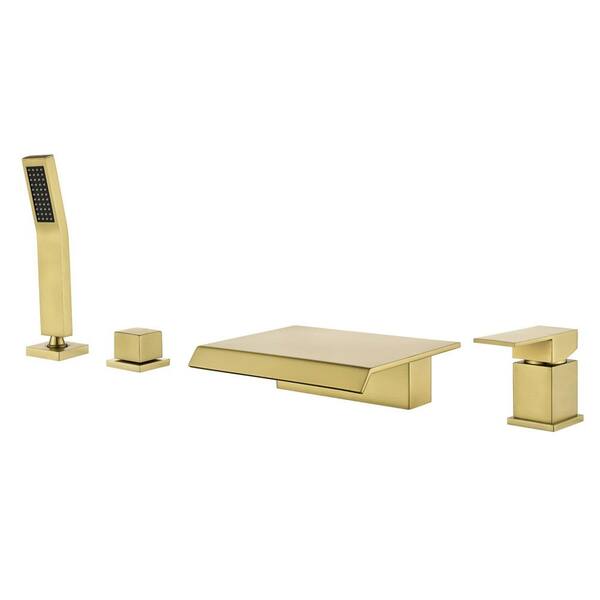 AIMADI Single-Handle Waterfall Deck-Mount Roman Tub Faucet with Handheld Shower Brass 4-Hole Bathtub Faucets in. Brushed Gold