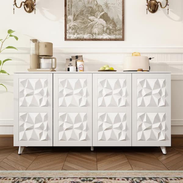 FUFU&GAGA White Wood 62.2 in. Buffet with 3D Carved Doors, Entryway Console Cabinet, Storage Cabinet, Kitchen Sideboard