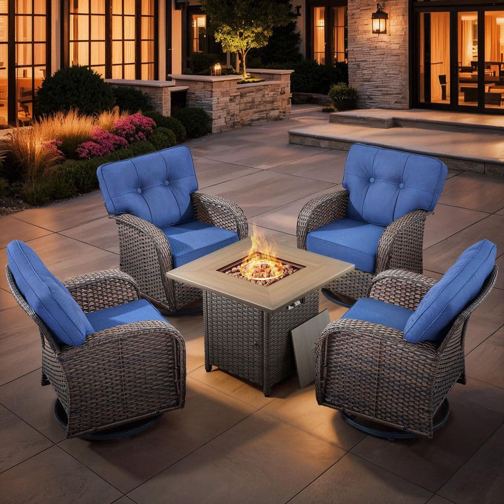 Modern Brown Rattan Wicker 4 Seat 5-Piece Outdoor Fire Pit Patio Set with Blue Cushions, Rattan Square Fire Pit Table price history on PriceWatchPro