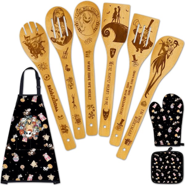 9-Piece Magic Pattern Wooden Cooking Spoons with Apron Oven Mitt Potholder, Halloween Kitchen Decor Cooking Utensils