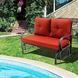 2-Person Metal Outdoor Patio Glider Bench Swing Seat Bench with Seat and Back Brick Red Cushions