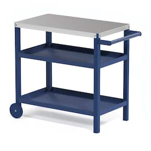 Navy Blue Outdoor Grill Carts Prep Cart Dining Table Steel Tabletop with Side Rack, 2 Shelves and 2 Wheels