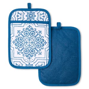 Strie Medallion Navy Blue Cotton 7 in. x 10 in. Pot Holder Set (2-Pack)