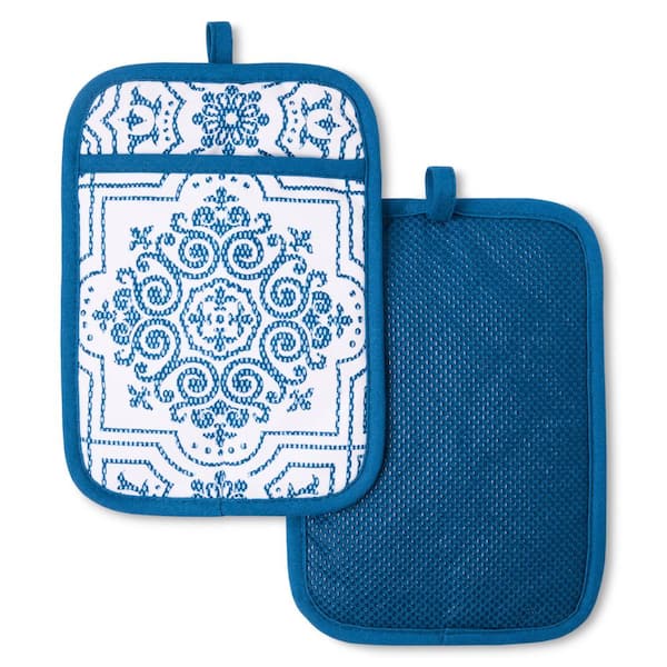 MARTHA STEWART Strie Medallion Navy Blue Cotton 7 in. x 10 in. Pot Holder Set (2-Pack)