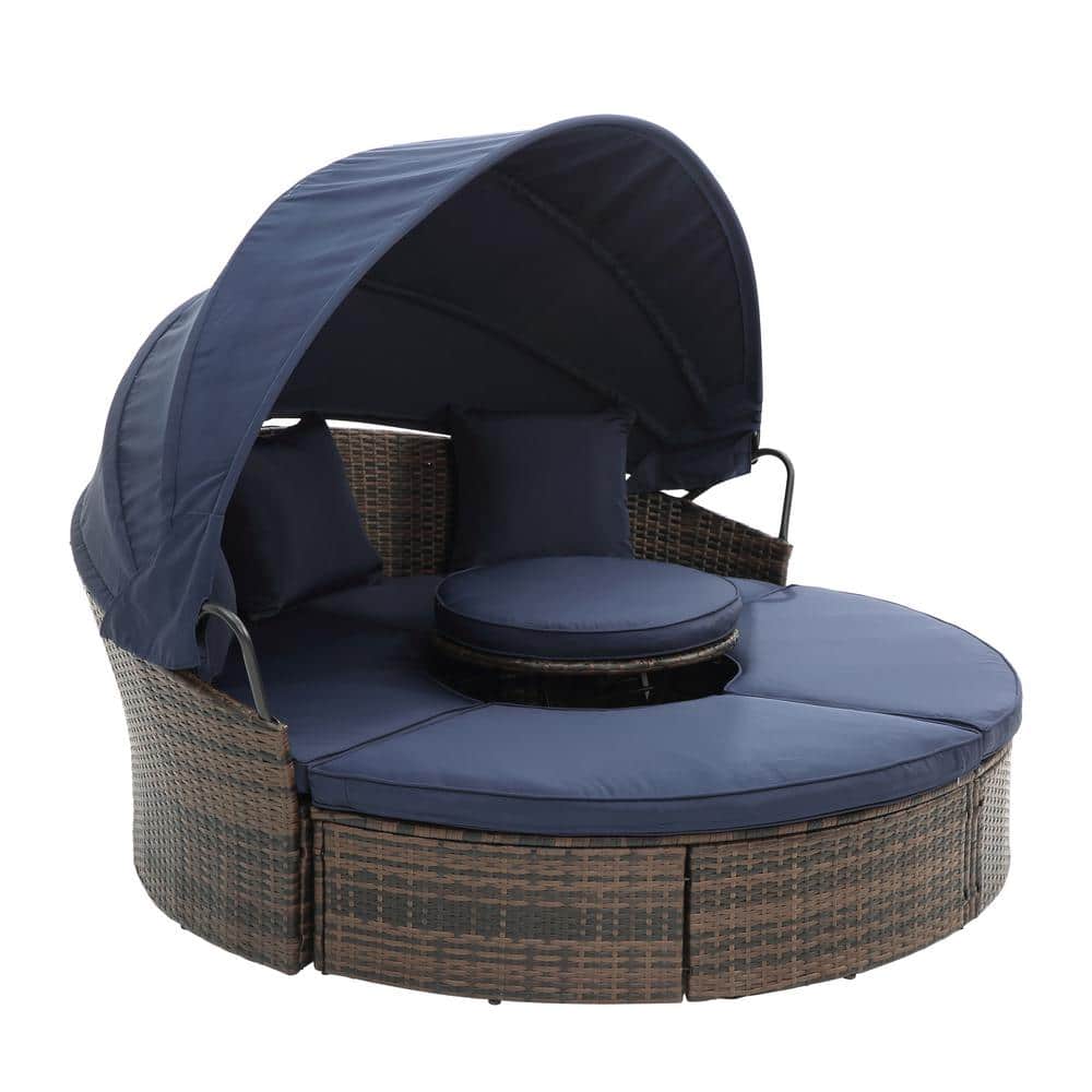 4-Piece Wicker Round Outdoor Day Bed with Retractable Canopy, Lift Coffee T