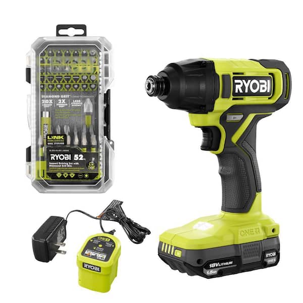 ONE+ 18V Cordless 1/4 in. Impact Driver Kit with 1.5 Ah Battery, Charger, and Diamond Grit Driving Set (52-Piece)