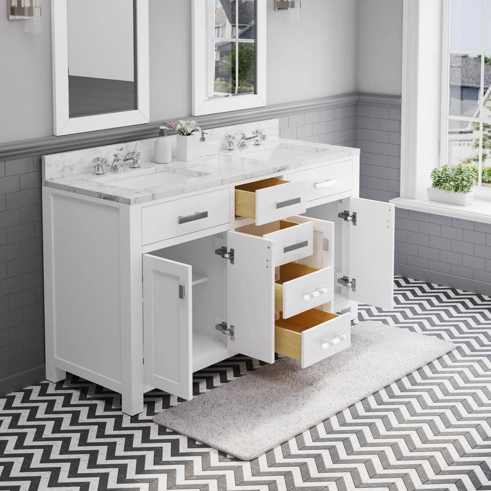 Madison 60" Pure White Double Sink Bathroom Vanity with Carrara Marble Top