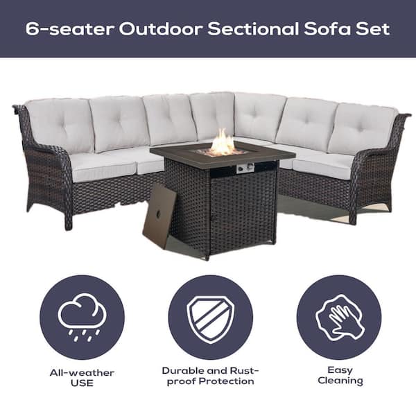 3-Piece Brown Wicker Fire Pit Conversation Set with Olefin Beige Cushions and L-Shaped Sofa/Fire Pit Table