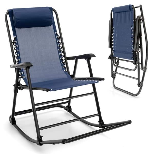 Costway Metal Camping Outdoor Rocking Chair Folding Rocker Footrest Lightweight Outdoor Navy