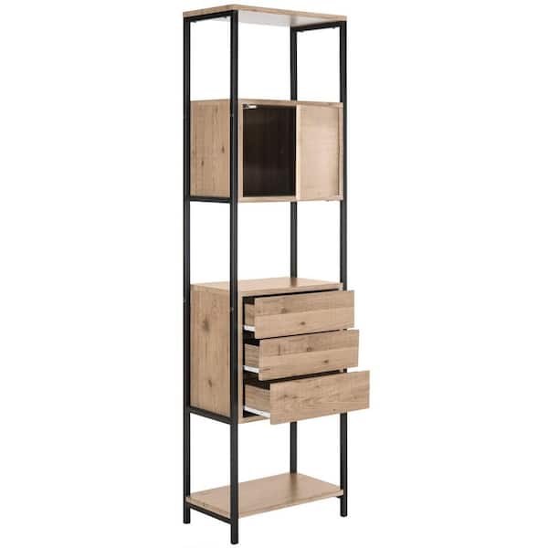 71.6 in. Oak/Black Metal 3-shelf Etagere Bookcase with Open Back