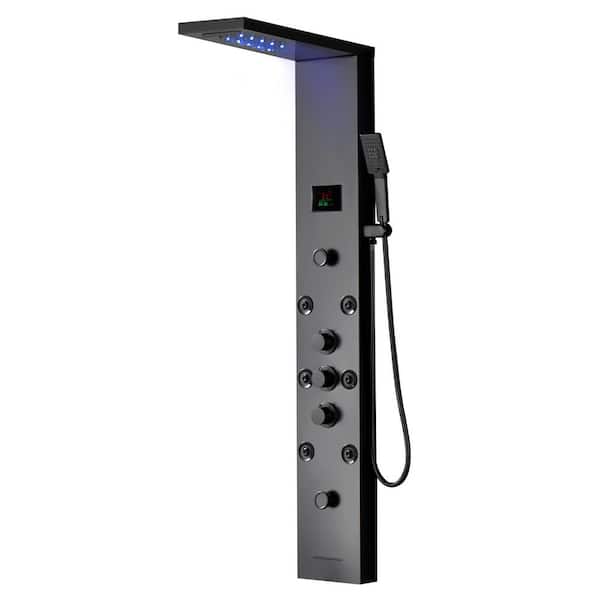 5-in-1, 8-Jet Shower Panel Tower System with Rainfall Waterfall Shower Head, and Massage Body Jets in Matte Black
