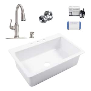 Jackson 33 in. 3-Hole Drop-In Single Bowl Crisp White Fireclay Kitchen Sink with Maren Stainless Faucet Kit