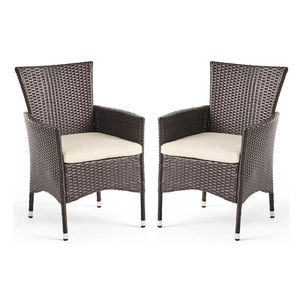 Miscool Anky Brown Wicker Outdoor Lounge Chair with Beige Cushion (Set of 2)