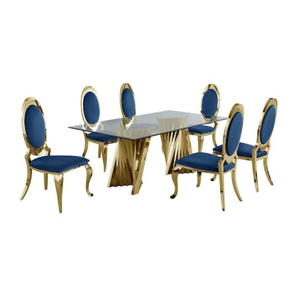 Best Quality Furniture Becky 7-Piece Rectangular Clear Glass Top with Gold Stainless Steel Base Table Set with 6-Navy Blue Velvet Chairs
