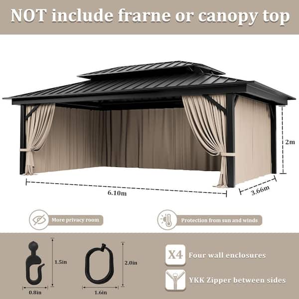 12 ft. x 20 ft. Universal Outdoor Privacy Curtains, Gazebo Curtain Replacement with Zipper Khaki (4-Side Curtain Only)