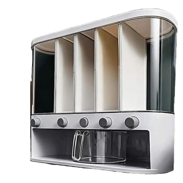 1-Piece Rectangular Wall mounted 5 Grid Dry Food Dispenser with Measuring Cup, 22 lb. Maximum capacity