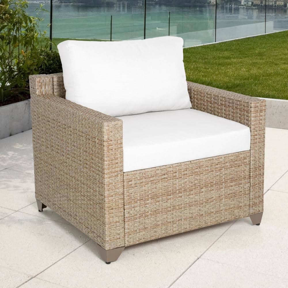 TK CLASSICS Maui Outdoor Club Chair in Natural Aged Wicker with Linen White Cushions TKC016BCC