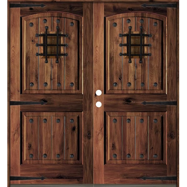 Krosswood Doors 64 in. x 96 in. Mediterranean Knotty Alder Arch Top with Red Mahogony Stain Right-Hand Wood Double Prehung Front Door