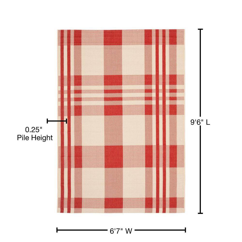Red and Bone Plaid Outdoor Synthetic Area Rug