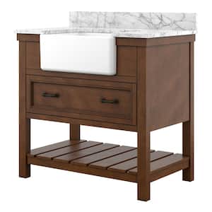 Jamerson 37 in. W x 22 in. D x 34 in. H Bath Vanity in Walnut Finish with Marble Vanity Top in White with White Basin