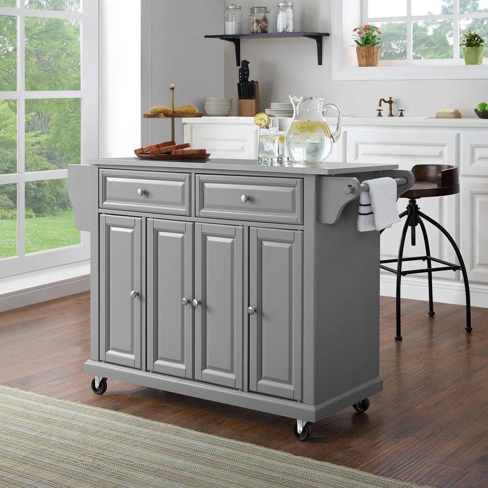 Gray Stainless Steel Top Rectangular Kitchen Cart with Storage