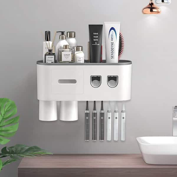 Dyiom Toothbrush Holder Wall Mounted with Double Automatic Toothpaste Dispenser Squeezer Kit, Grey