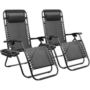 2-Piece Black Zero Gravity Black Metal Lawn Chair Set Adjustable Folding Beach Chair with Pillows and Cup Holders