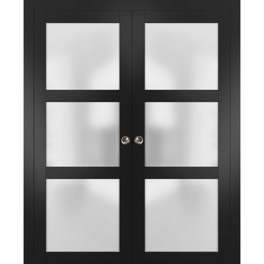 36 in. x 96 in. 3 Panel Black Finished Pine Wood Sliding Door with Double Pocket Hardware price history on PriceWatchPro