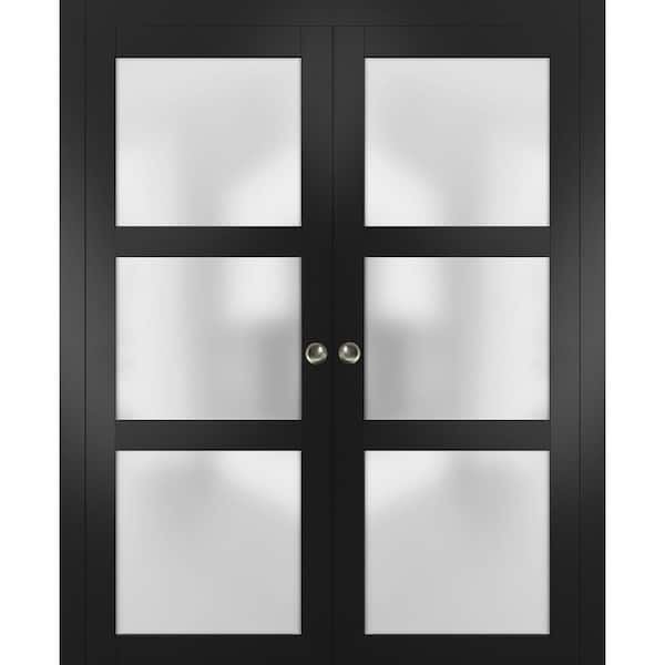 2552 72 in. x 80 in. 3 Panel Black Finished Pine Wood Sliding Door with Double Pocket Hardware