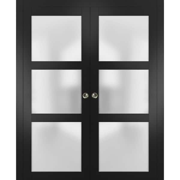 Sartodoors 2552 36 in. x 80 in. 3 Panel Black Finished Pine Wood Sliding Door with Double Pocket Hardware