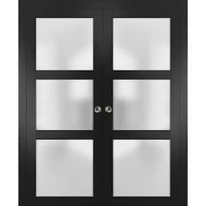 36 in. x 96 in. 3 Panel Black Finished Pine Wood Sliding Door with Double Pocket Hardware