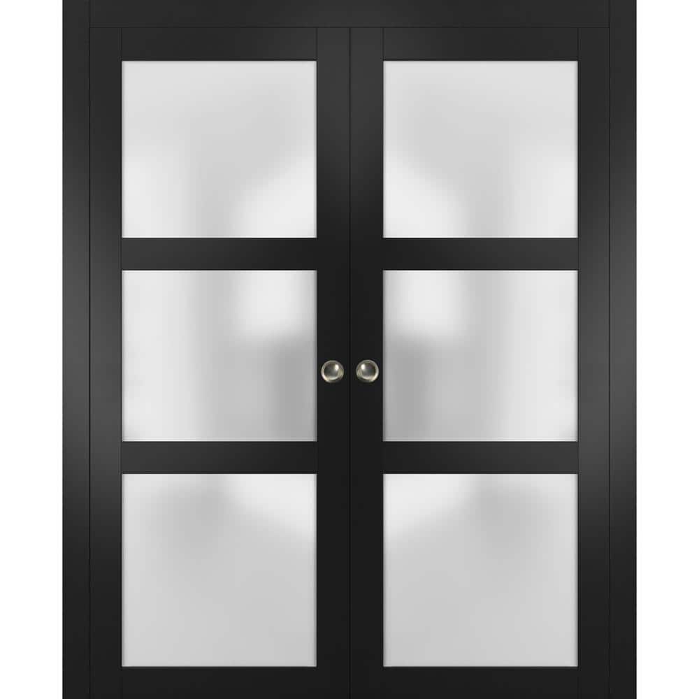Matte Black 72 x 84 Inch Solid Core Pocket Door with Frosted Glass