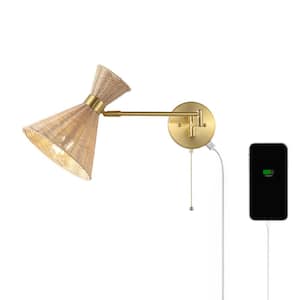 Lily 25 in. 1-Light Light Brown/Brass Gold Wall Sconce Retro Rattan/Metal USB Charging Swing Arm LED with Pull Chain