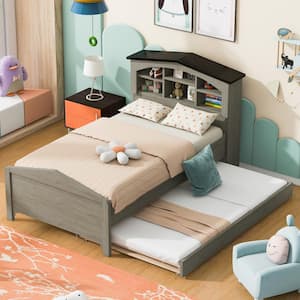 Gray Wood Frame Twin Size House Platform Bed with Storage Headboard, Multiple Shelves, Twin Size Trundle