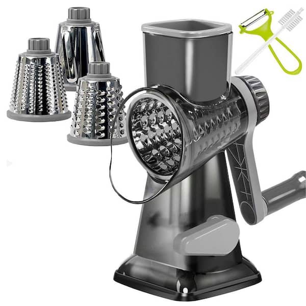 Gray Rotary Cheese Grater with Handle and Suction Base for Shredding, Slicing, Fine and Coarse Grating