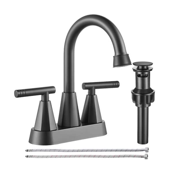 Heemli Rotatable 4 in. Center set Double-Handle Bathroom Faucet with Drain Kit Included in Black
