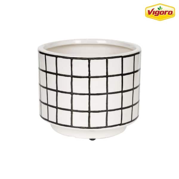 Vigoro 6 in. Westerly Small White/Black Grid Ceramic Pot (6 in. D x 4.9 in. H)