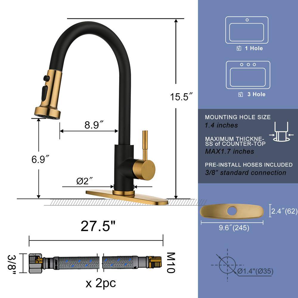 Gold and Black Stainless Steel High-Arc Kitchen Faucet with Pull-Out Spray