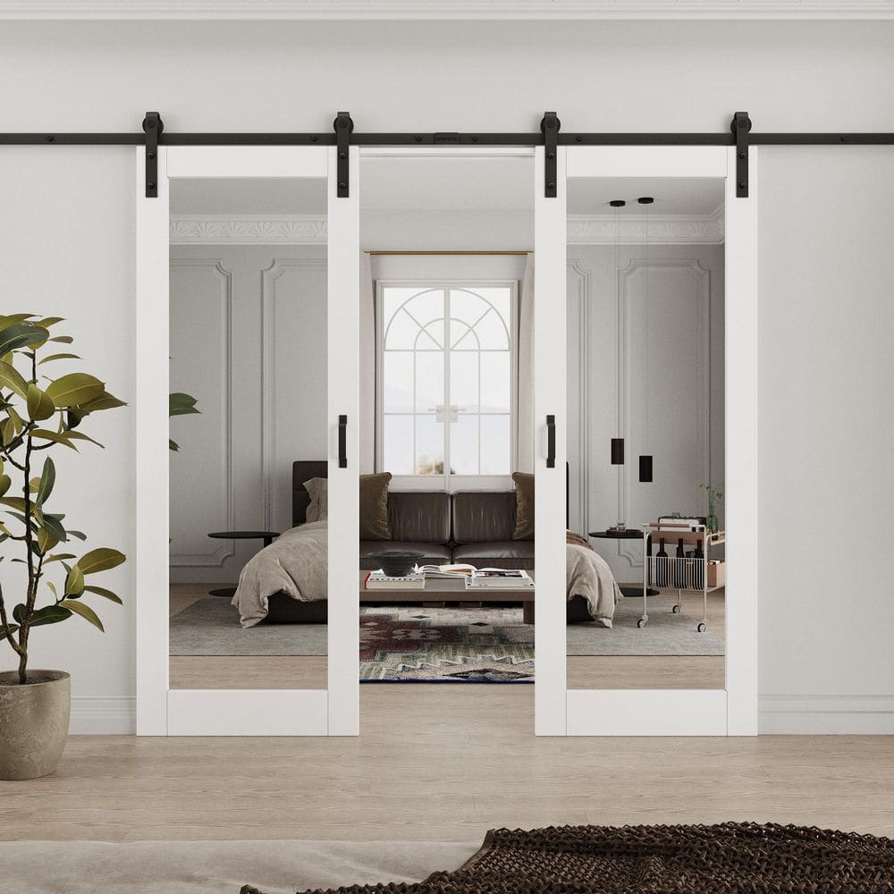 60 in. x 96 in. 1-Lite Mirrored Glass White Primed MDF Wood Sliding Barn Door with Hardware Kit price history on PriceWatchPro