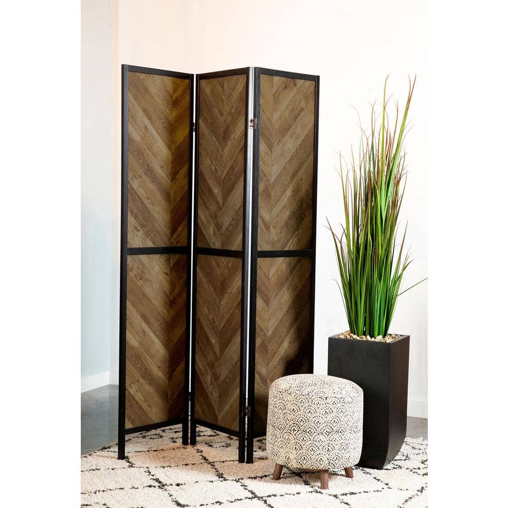 Rustic Tobacco and Black Herringbone 3-Panel Folding Screen
