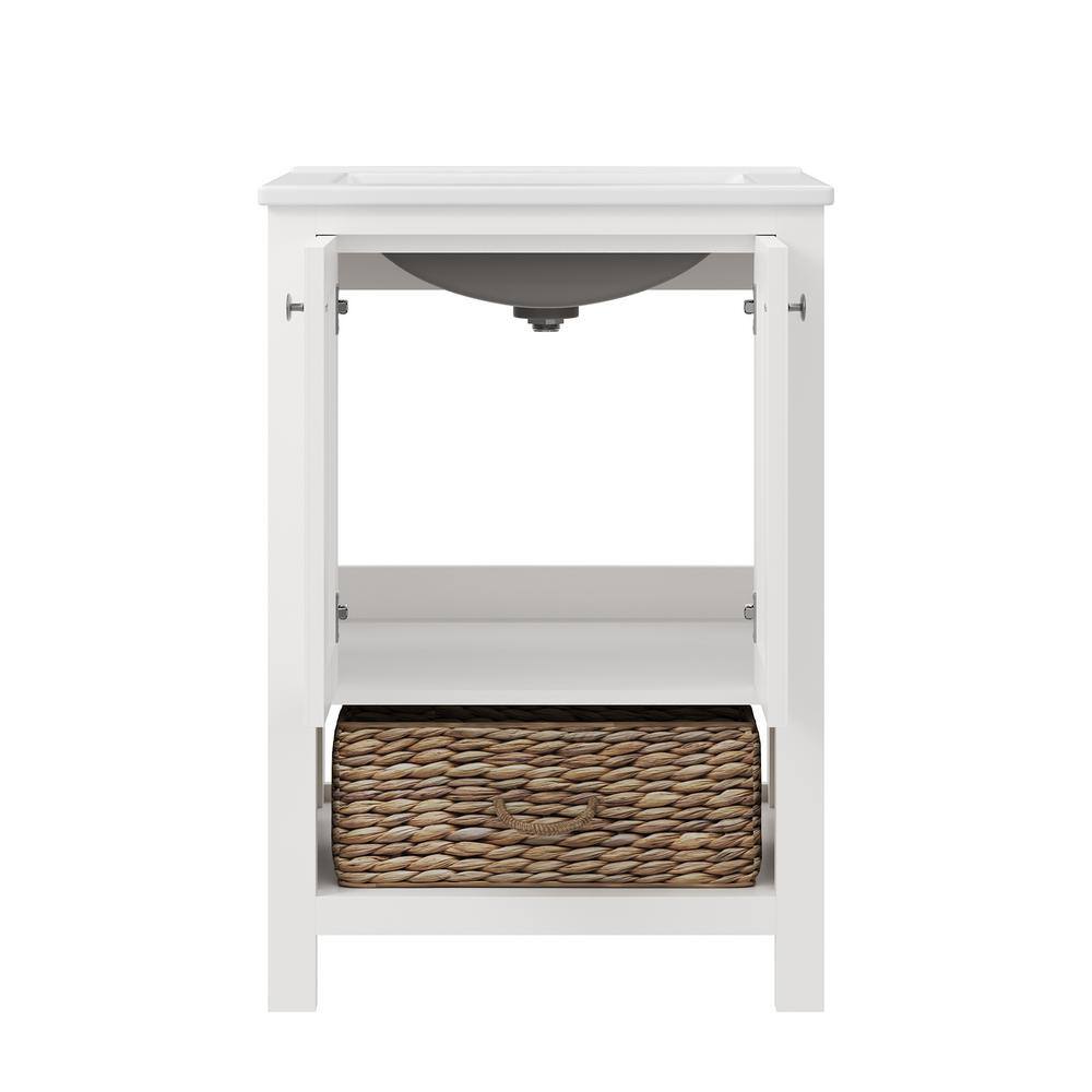 24" White Freestanding Bathroom Vanity with Ceramic Top and Woven Basket