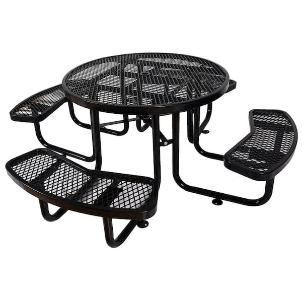 Sudzendf 46 in. Black Round Outdoor Steel Picnic Table, with umbrella pole