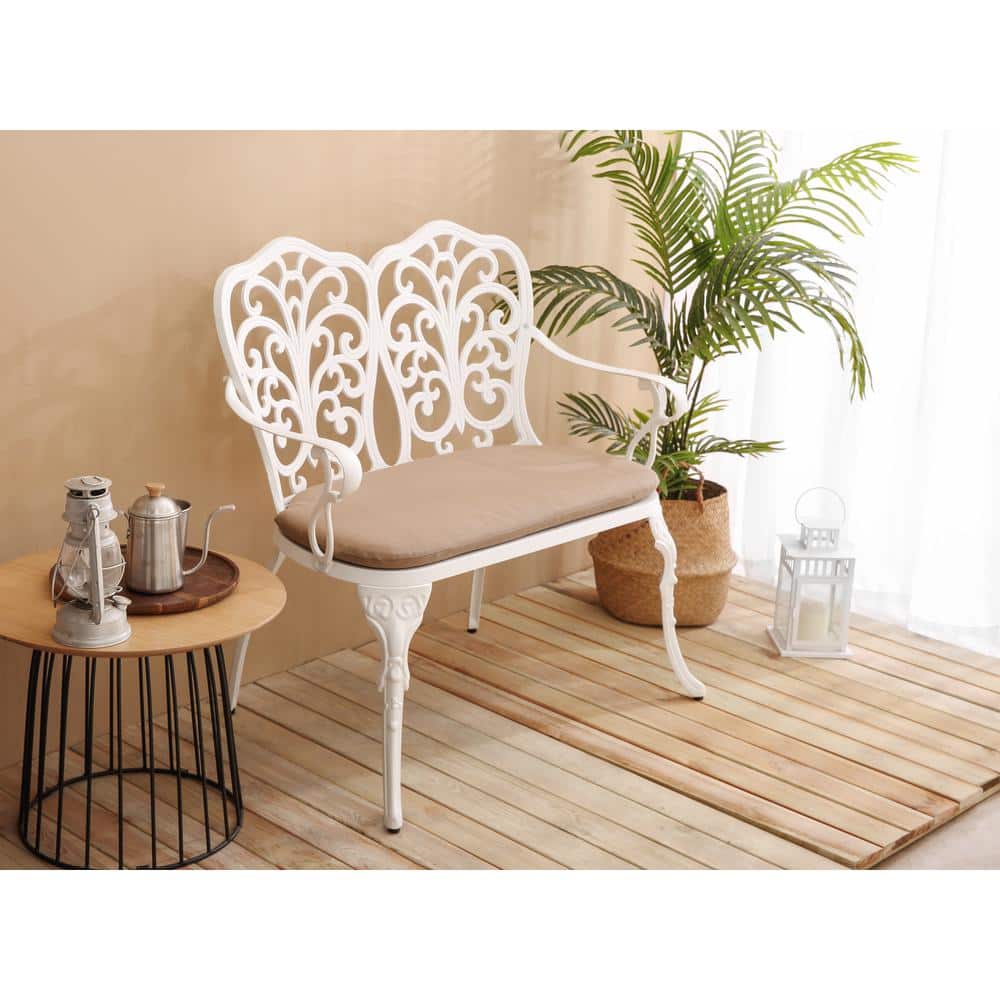 White 2-Person Cast Aluminum Outdoor Patio Garden Bench Park Bench with Bei