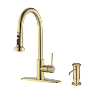 Single Handle Gooseneck Pull Down Sprayer Kitchen Faucet with Deckplate and Soap Dispenser in Brushed Gold