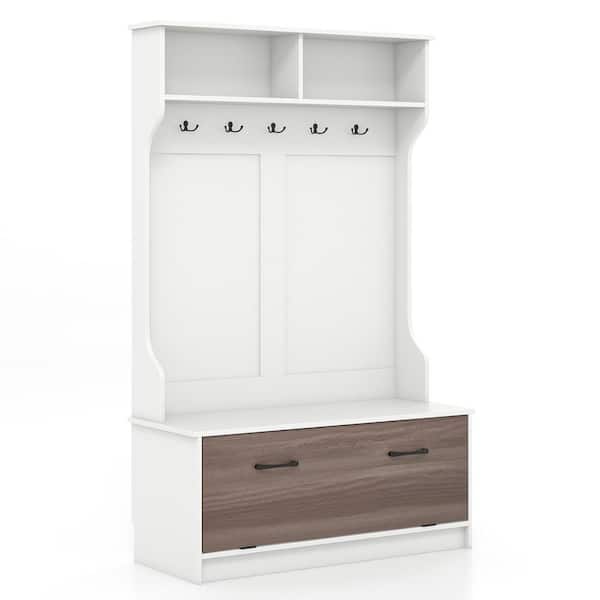 Costway 63 in. White Hall Tree with Coat Rack and Storage Bench Multifunctional Coat Rack