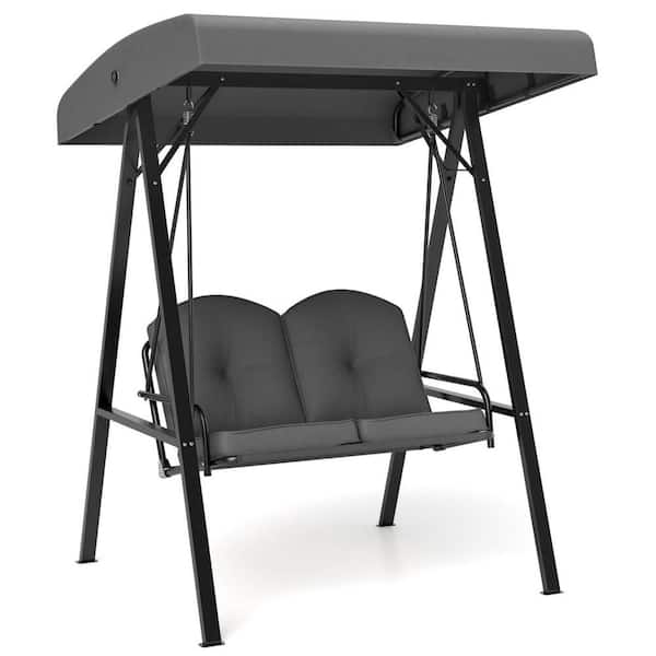 57 in. 2-Person A-Shaped Metal Stand Outdoor Porch Swing Loveseat with Gray Cushions