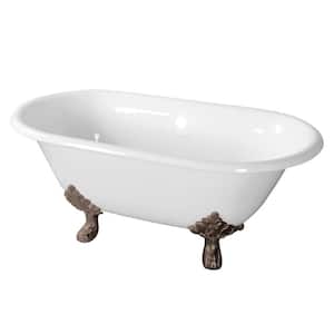 60 in. Cast Iron Double Ended Clawfoot Bathtub in White with Feet in Brushed Nickel