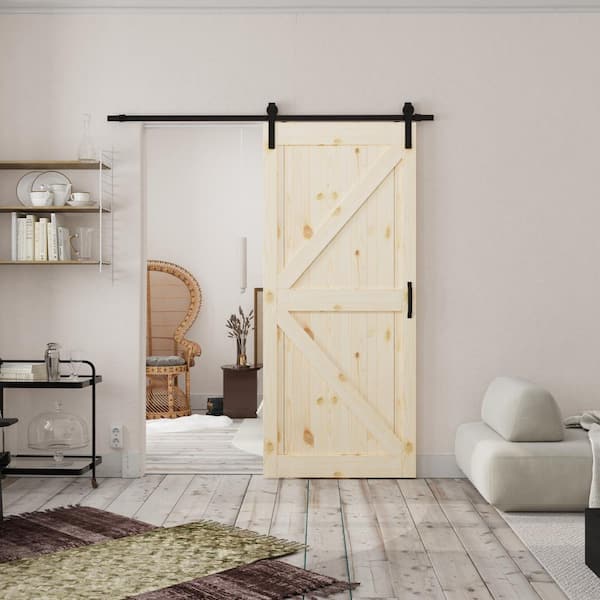 TENONER 36 in. x 84 in. K-Frame, Pine Wood Unfinished, Barn Door Slab with Barn Door Hardware