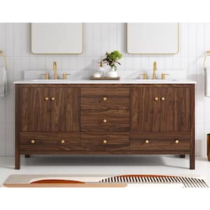 Rory 72 in W x 20 in D x 35 in H Double Sink Bath Vanity in Walnut With White Engineered Marble Stone Vanity Top